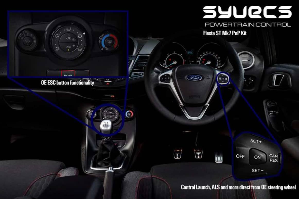 Dark image inside the cockpit of a for focus st car showing steering wheel