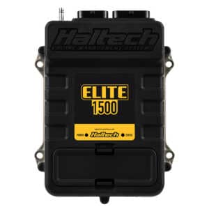 Black Haltech Elite 1500 ECU with yellow writing, white background