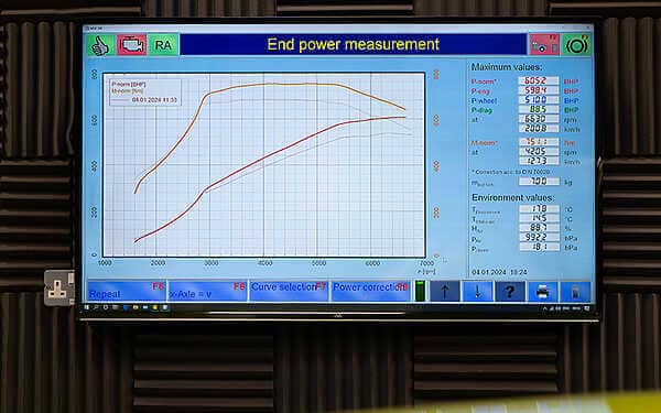 Validated performance gains on the S58 engine of 605+BHP: 750+NM on our OEM spec MAHA MSR500 dyno for the BMW Validated performance gains on the S58 engine of 605+BHP: 750+NM on our OEM spec MAHA MSR500 dyno for the BMW G82 M2 G80 M4 F97 X3M F98 X4M. Blue dyno screen at hybrid tune with a dark grey background. The red line shows power and the orange line shows torque